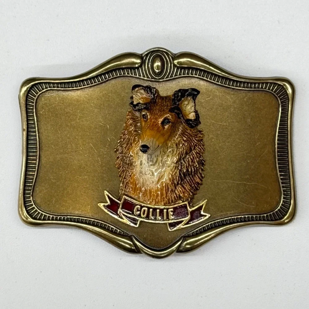 Vtg 1978 AHM Collie Dog Brass Belt Buckle‎ Enamel 3D Relief Animal Collectible